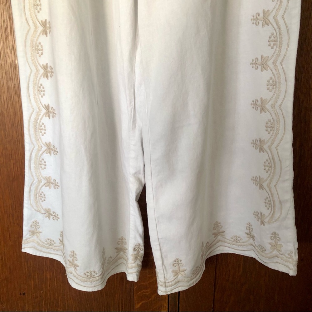 Tahari White Wide-Leg Embroidered Pants Pockets Boho XL Linen blend - Picture 7 of 14